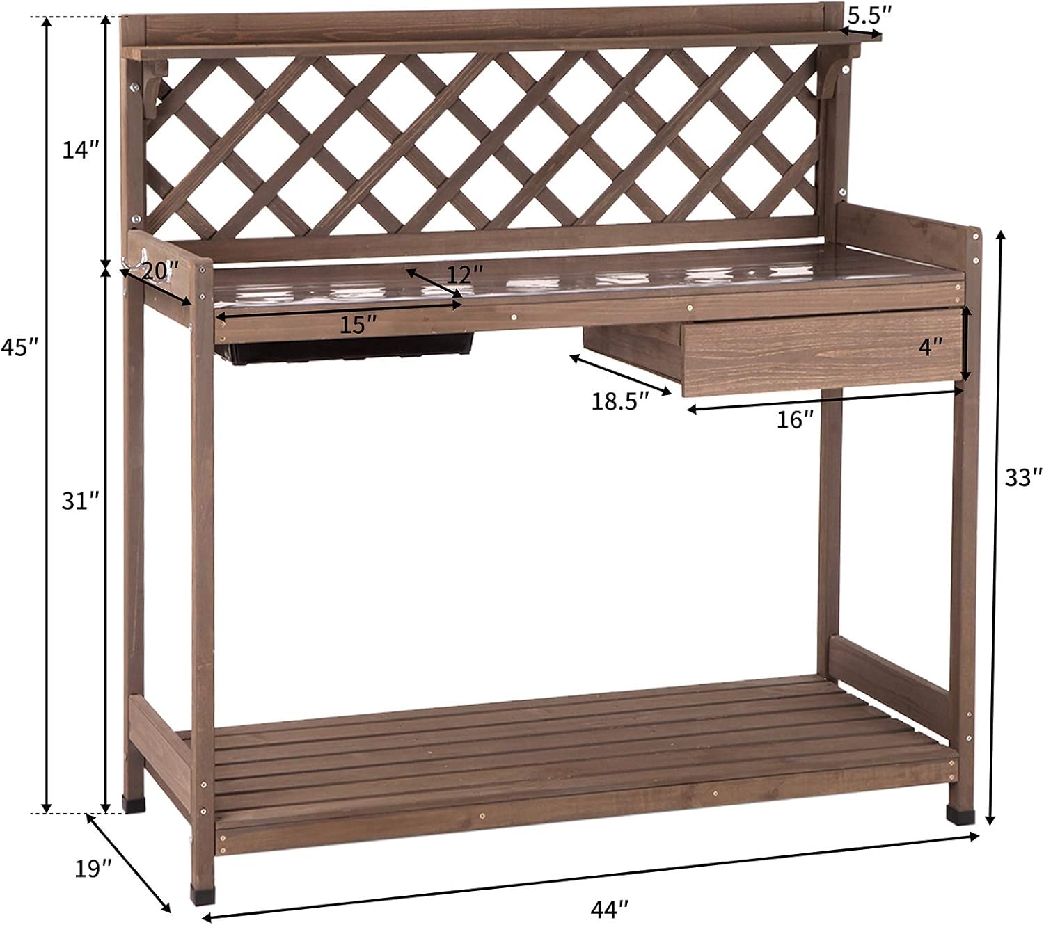 GUTINNEEN Potting Bench Garden Table for Plants Outside Outdoor Wooden Garden Work Bench with Sink Storage PVC Layer Drawer Shelf Hook for Gardening