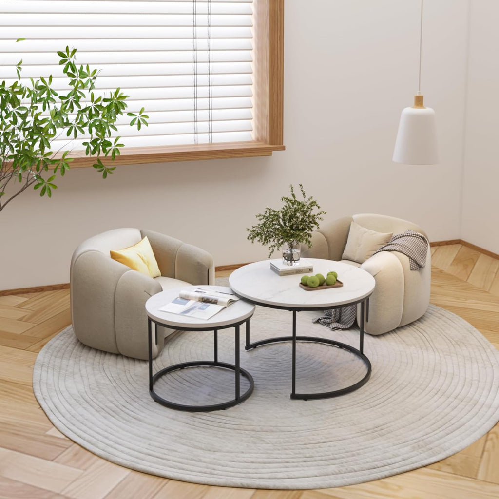Nesting Coffee Table Set of 2, 27.6 inch Round Side Tables Coffee Table with Wood Marble Pattern Top Sturdy Metal Frame, End Table for Living Room Bedroom Balcony Yard (White B)