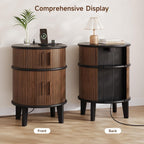 ONBRILL Fluted Round End Table with Storage, Mid-Century Modern Side Table with Charging Station, Small Wood Nightstand Bedside Table for Small Space Sofa Couch Bedroom Living Room (Walnut)