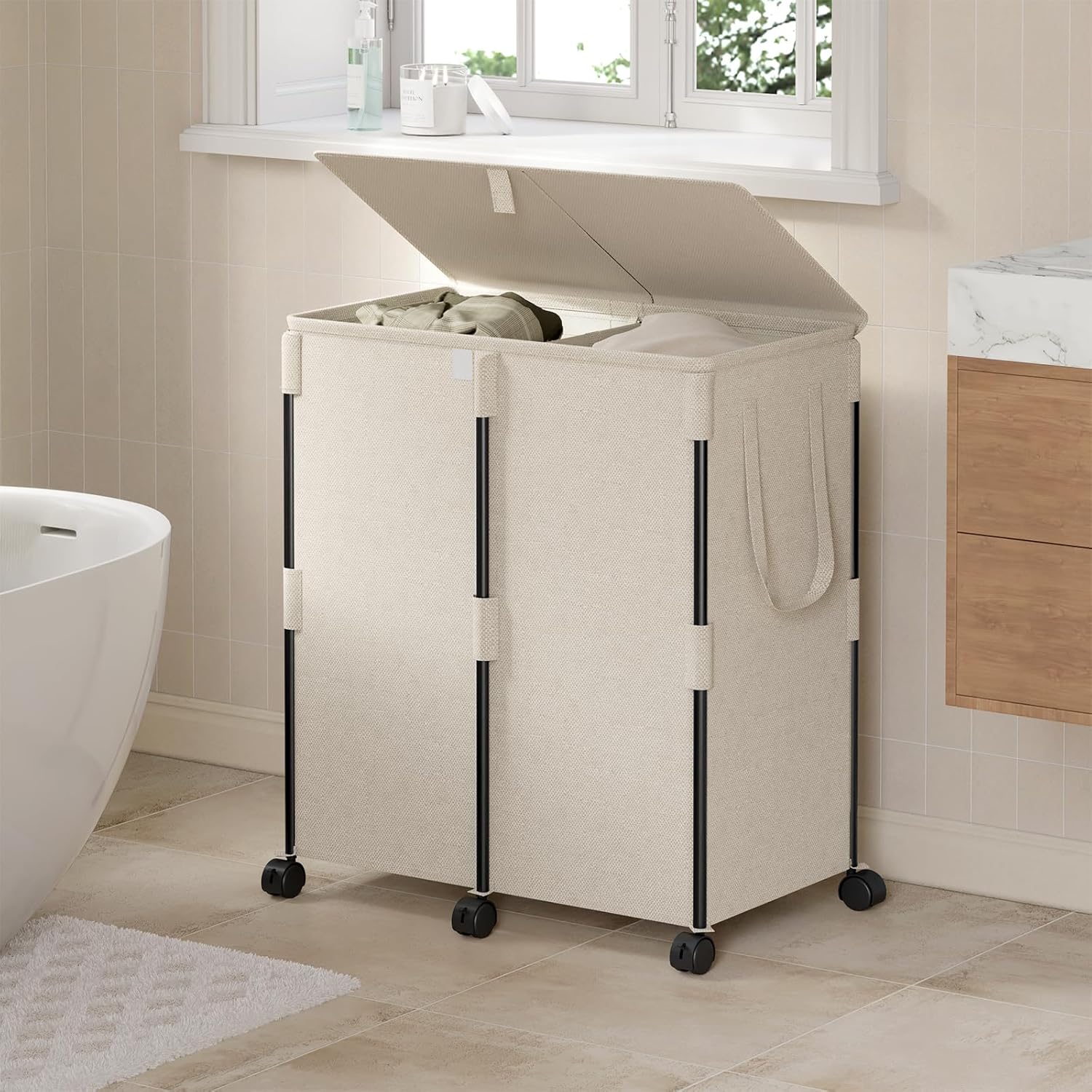 140L Double Laundry Hamper with Lid and 6 Wheels, Rolling Laundry Basket with 2 Removable Bags, Heavy Duty Metal Frame Clothes Cart, 2-Section Laundry Sorter for Bedroom, Bathroom (White)