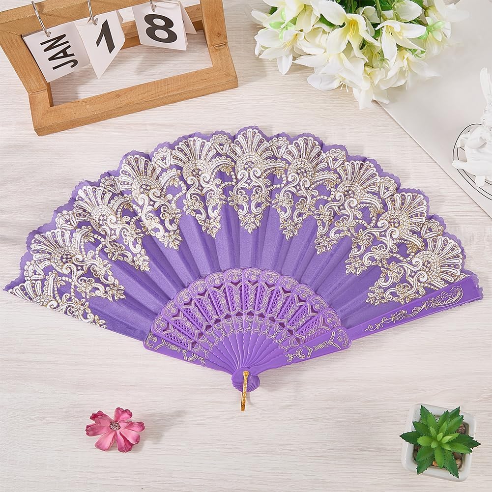 CREATCABIN Blue Violet Handheld Folding Fan for Women Foldable Chinese Japanese Vintage Fan Plastic Embroidered Flower Flapper Hand for Party Wedding Church Dancing Show Decoration 23x42cm
