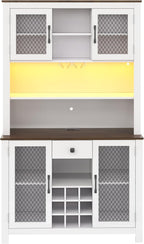 70.9" Kitchen Pantry Storage Cabinet, Rustic Bufft Cabinet with Doors and LED Outlets, Wooden Kitchen Hutch Cabinet with Shelves for Dining Room, White