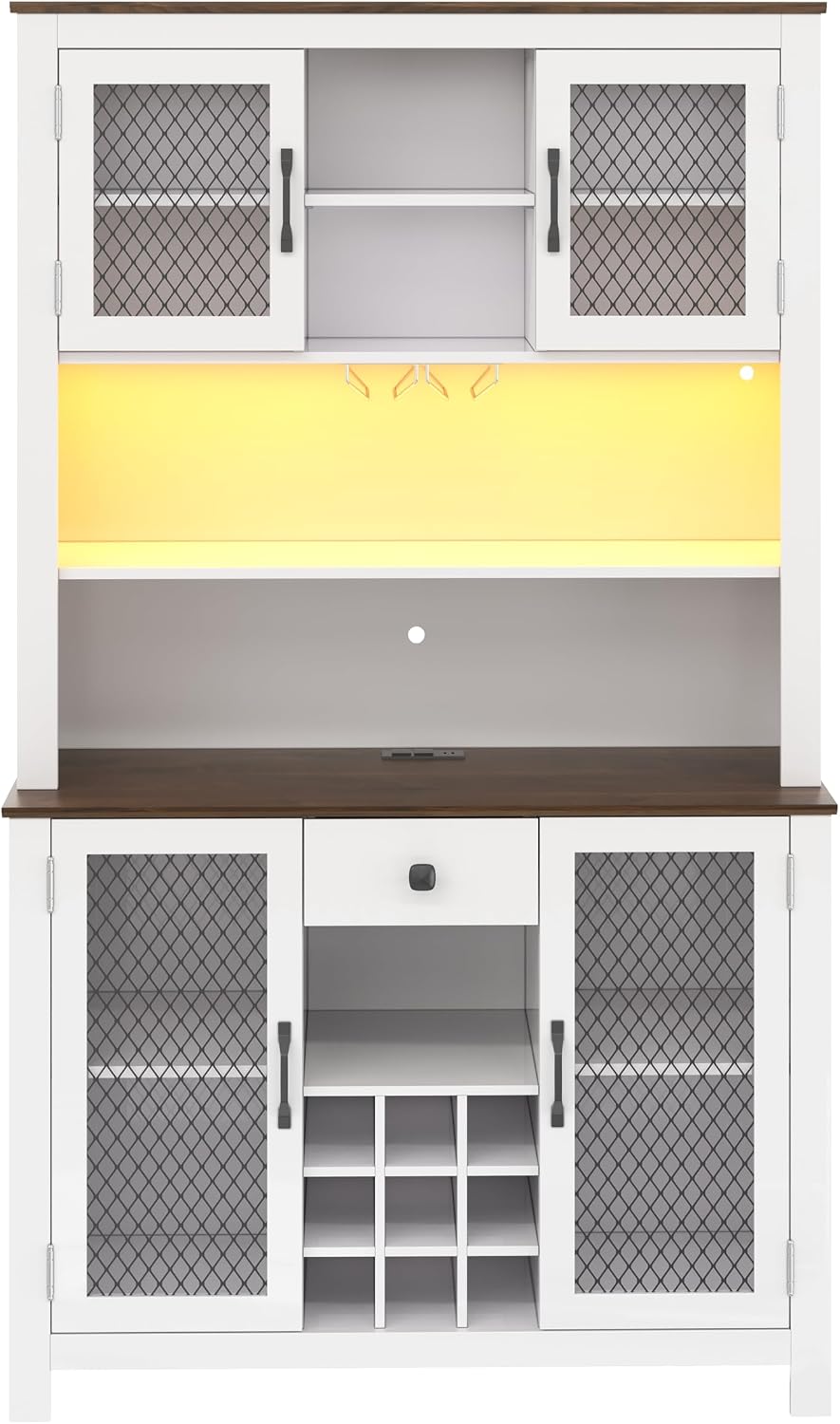70.9" Kitchen Pantry Rustic Buffet Cabinet, Kitchen Hutch Cabinet with LED Outlets Food,Doors and Shelves Wine Rack for Dining Room (White-LED)