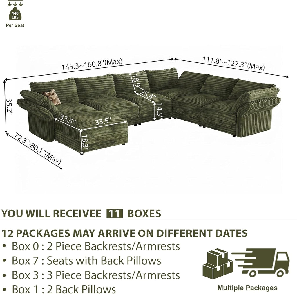 DreamDashio 7-Seat Sectional Sofa, Oversized Extra Wide Deep Seat Giant Detachable Modular Cloud Couch, Certified Corduroy Fabric with Storage & Detachable & Adjustable Arms, for Living Room, Green