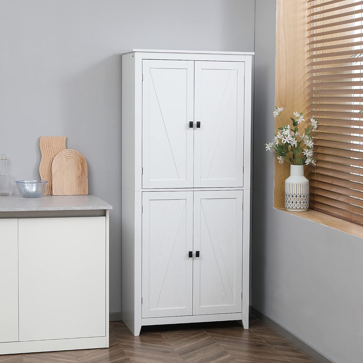 Freestanding Modern Kitchen Pantry, Storage Cabinet with 4-Tier and Adjustable Shelves, White, for Dining Room, Easy to Clean