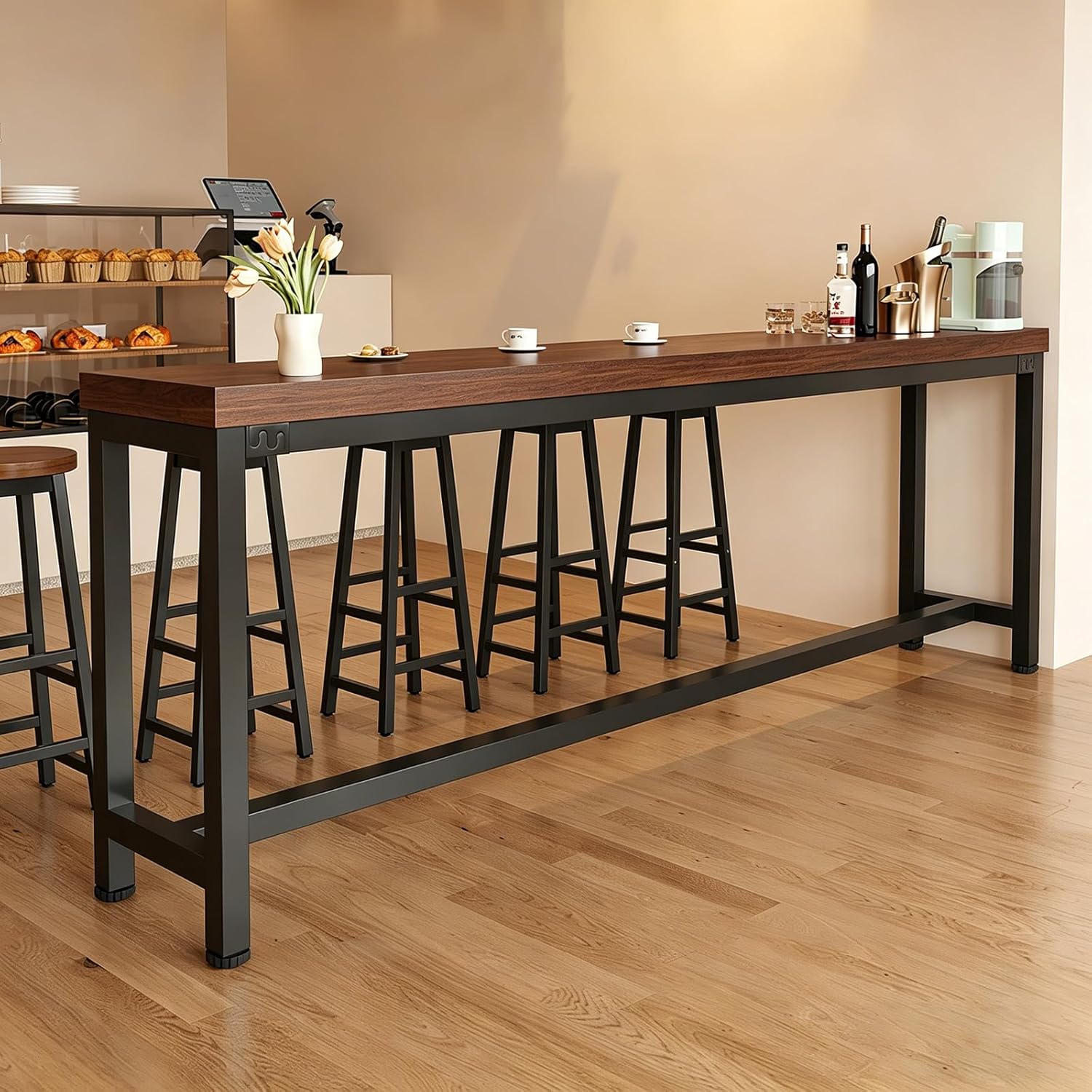 ZMHPLKH Narrow Bar Table for Small Spaces Industrial Rectangular Counter Height Table Retro Brown Wood Panel & Black Metal Frame Breakfast Bar Table for Apartments, Kitchen, Entryway