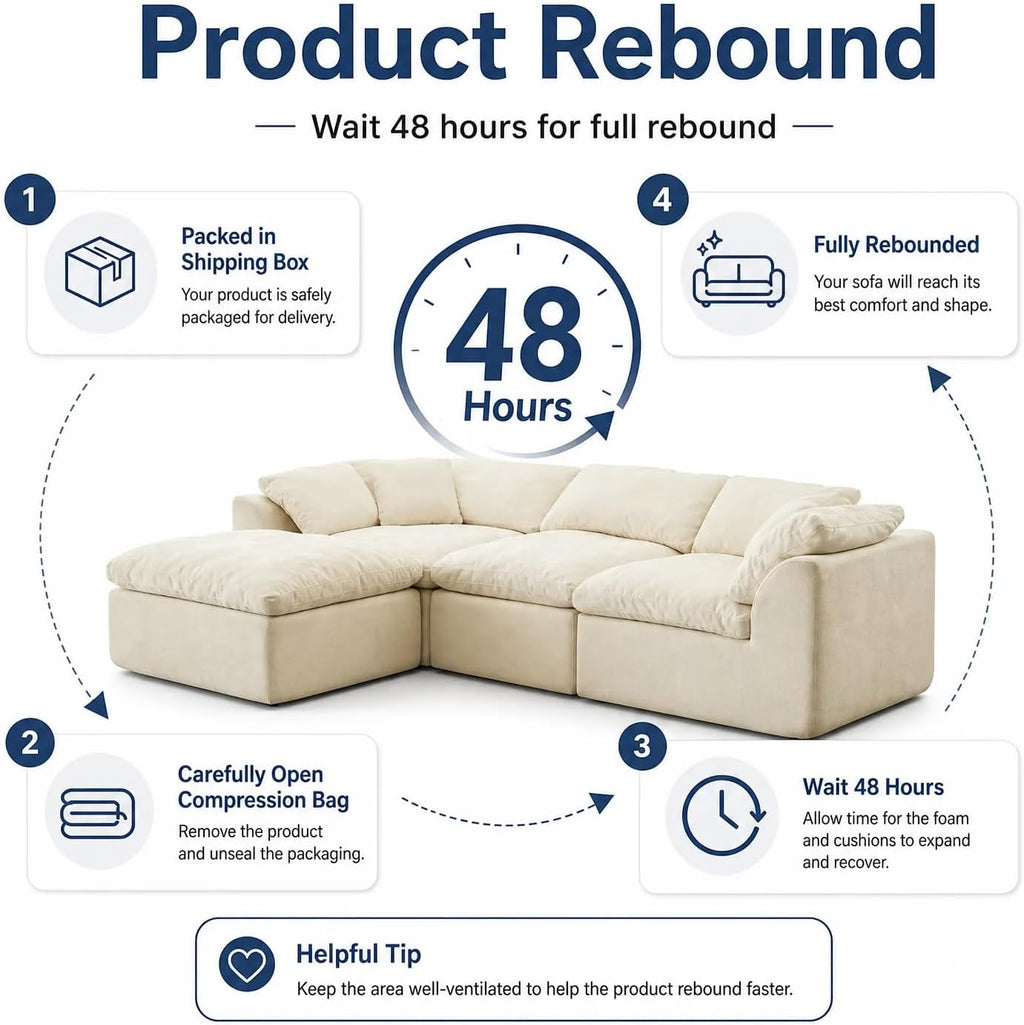 Oversized Cloud Couch Sectional Sofa for Living Room, Modular L Shaped Boneless Chenille Sofa with Chaise Lounge, Deep Seat Convertible Couch, Compressed No Assembly Floor Sofa (White)