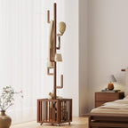 Solid Wood Cactus Coat Rack with 6 Hooks and Storage Basket, Walnut | Coat rack freestanding With 6 L-Shaped Hook,Decorative and Functional coat tree for entryway, hallway, bedroom, living room