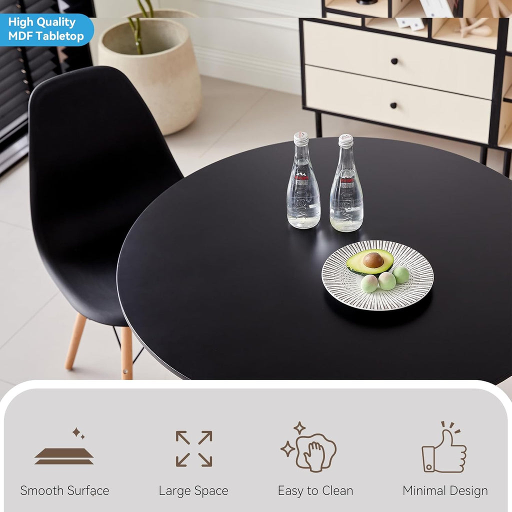 5-Piece 35.5" Round Dining Table Set, Small Kitchen Table Chairs Set of 4 Plastic Seats, Solid Wood Legs, Space Saving Furniture for Living Room Apartment Office Home, Black