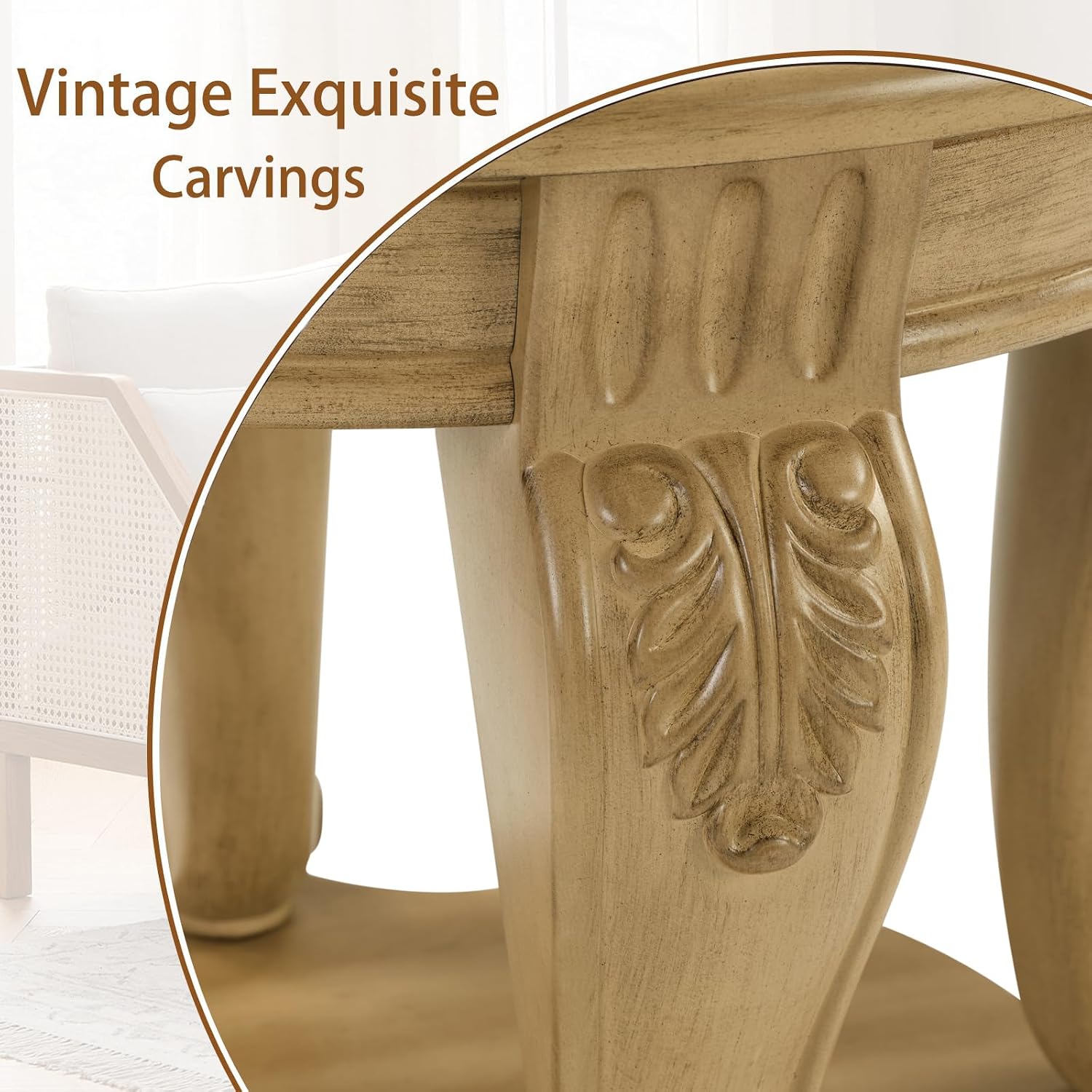 LKTART Round End Tables for Living Room, Vintage Side Table for Small Spaces, Victorian Wooden End Table with Carved Wood Legs, Antique Natural