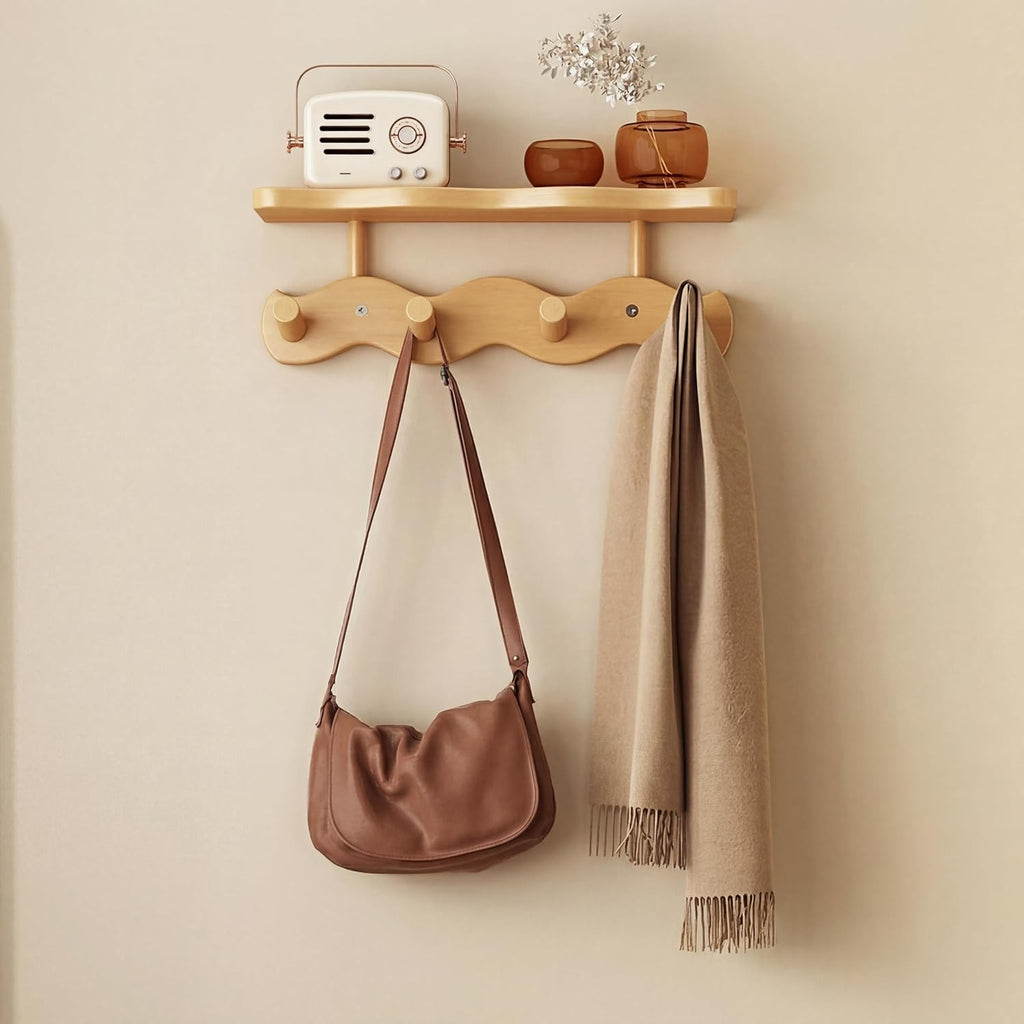 Wave-Shaped Bamboo Coat Rack Wall Mount with Shelves - Modern Decorative Wall Hooks for Entryway, Bathroom & Bedroom,Eco-Friendly Organic Wood Wall Mounted Rack for Hanging Coats, Bags, Keys 4 Hooks