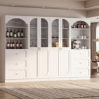 Cyclysio 80" Tall Pantry with 6 Drawers, Arched Kitchen Storage Cabinets with 6-Tier Open Shelves and 4 Tempered Glass Doors, Wood Floor Cupboard with Seamless Fit Wall for Living Room