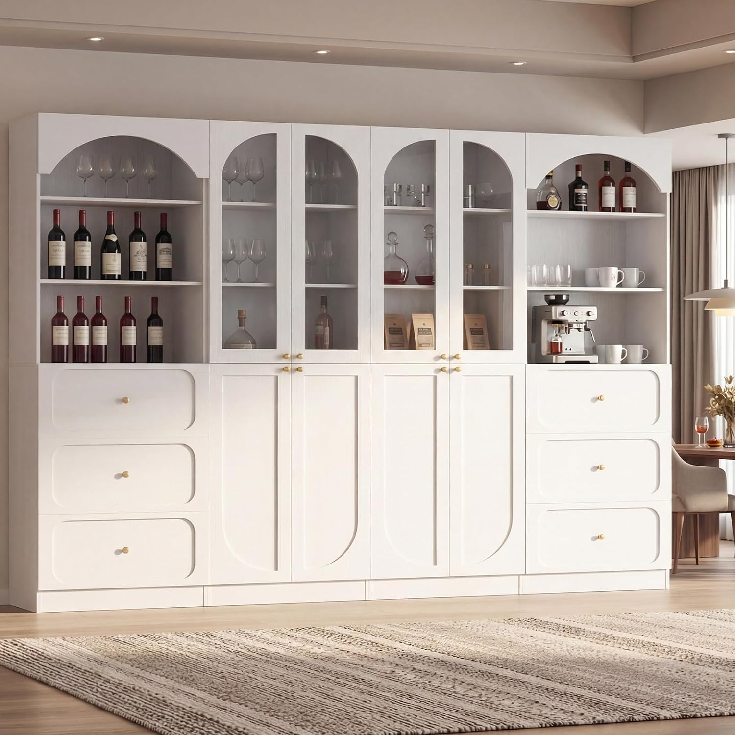 Cyclysio 80" Tall Pantry Cabinet with 3 Drawers, Arched Kitchen Storage Cabinets with 3-Tier Open Shelves and Glass Doors, Wood Floor Cupboard with Seamless Fit Wall for Living Room, Kitchen