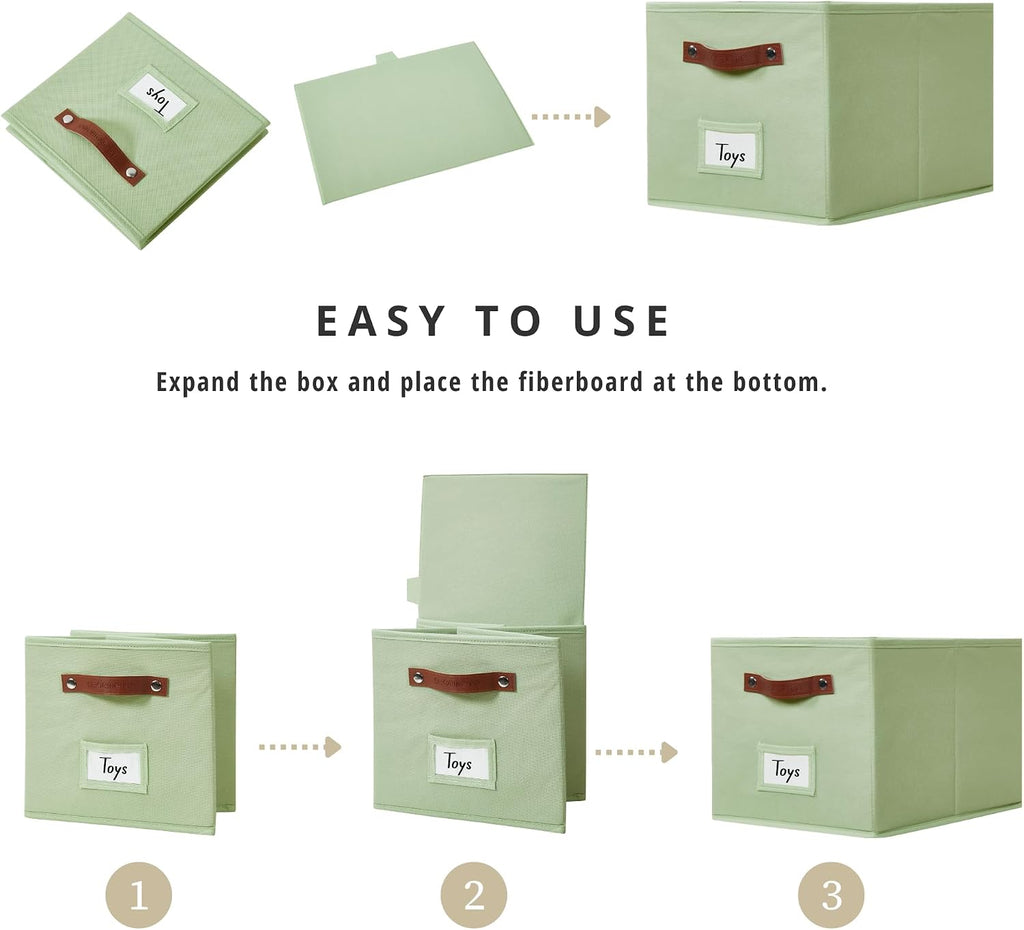 DECOMOMO Storage Bins, Storage Baskets for Shelves (Green) | 4 Pack Fabric Storage Bins, 15" x 11" x 9.9" Foldable Storage Bins with Labels
