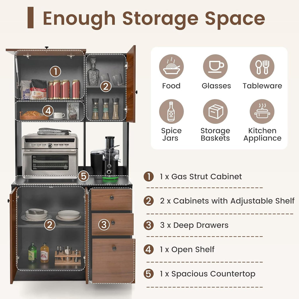 PETSITE Kitchen Buffet Hutch Storage Cabinet, 71" Freestanding Pantry with 3 Cabinets & Drawers, Adjustable Shelves, Microwave Cupboard for Living Room, Dining Room (Walnut)