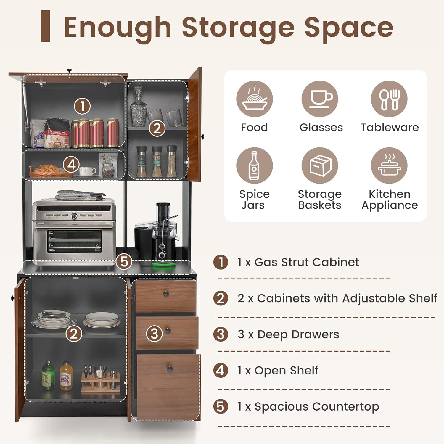 PETSITE Kitchen Buffet Hutch Storage Cabinet, 71" Freestanding Pantry with 3 Cabinets & Drawers, Adjustable Shelves, Microwave Cupboard for Living Room, Dining Room (Walnut)