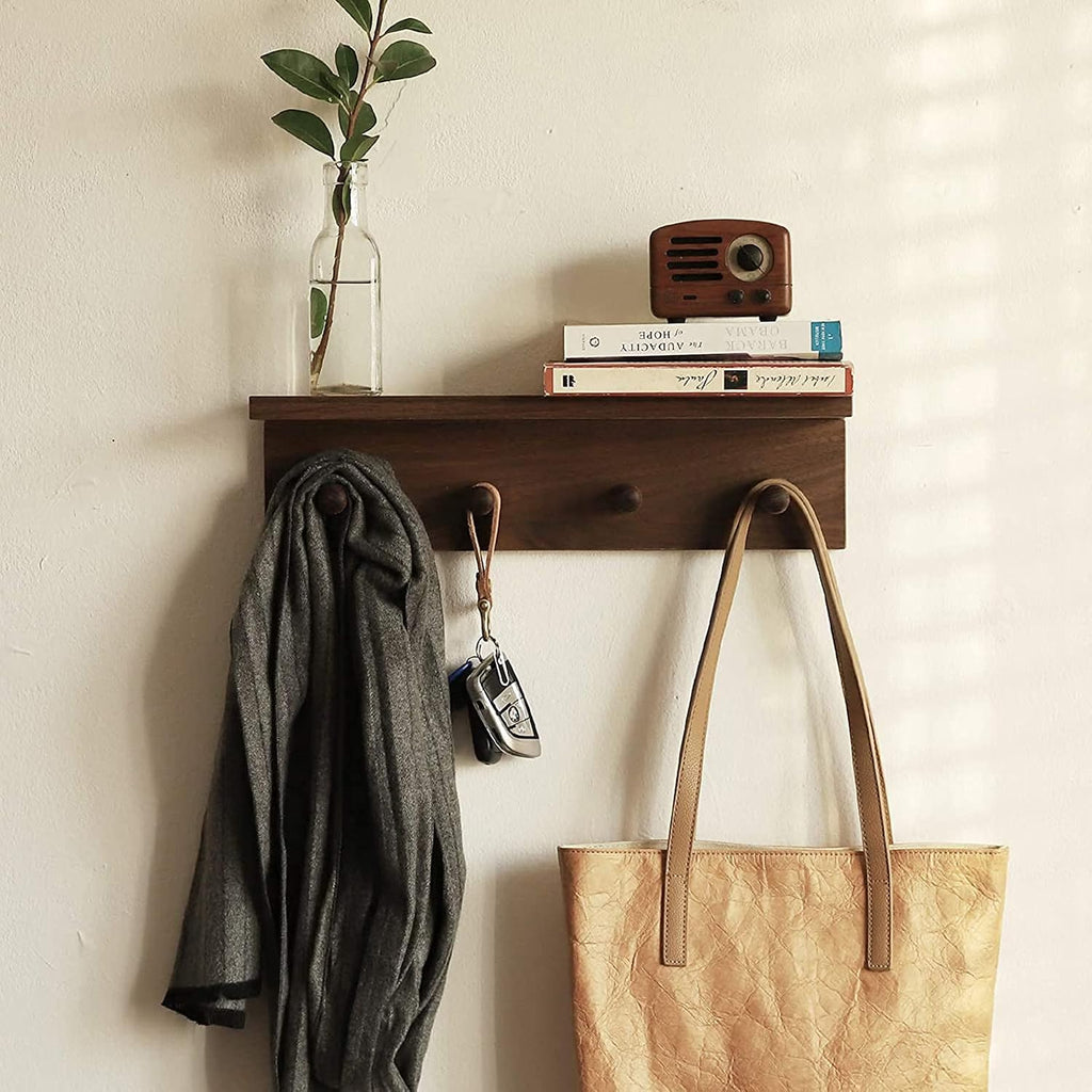 Entrance Coat Rack ，Coat Hooks, Wall-Mounted Wooden Hook Rack, Wall-Mounted Shelves are Very Suitable (Walnut Color Finish—A-2)