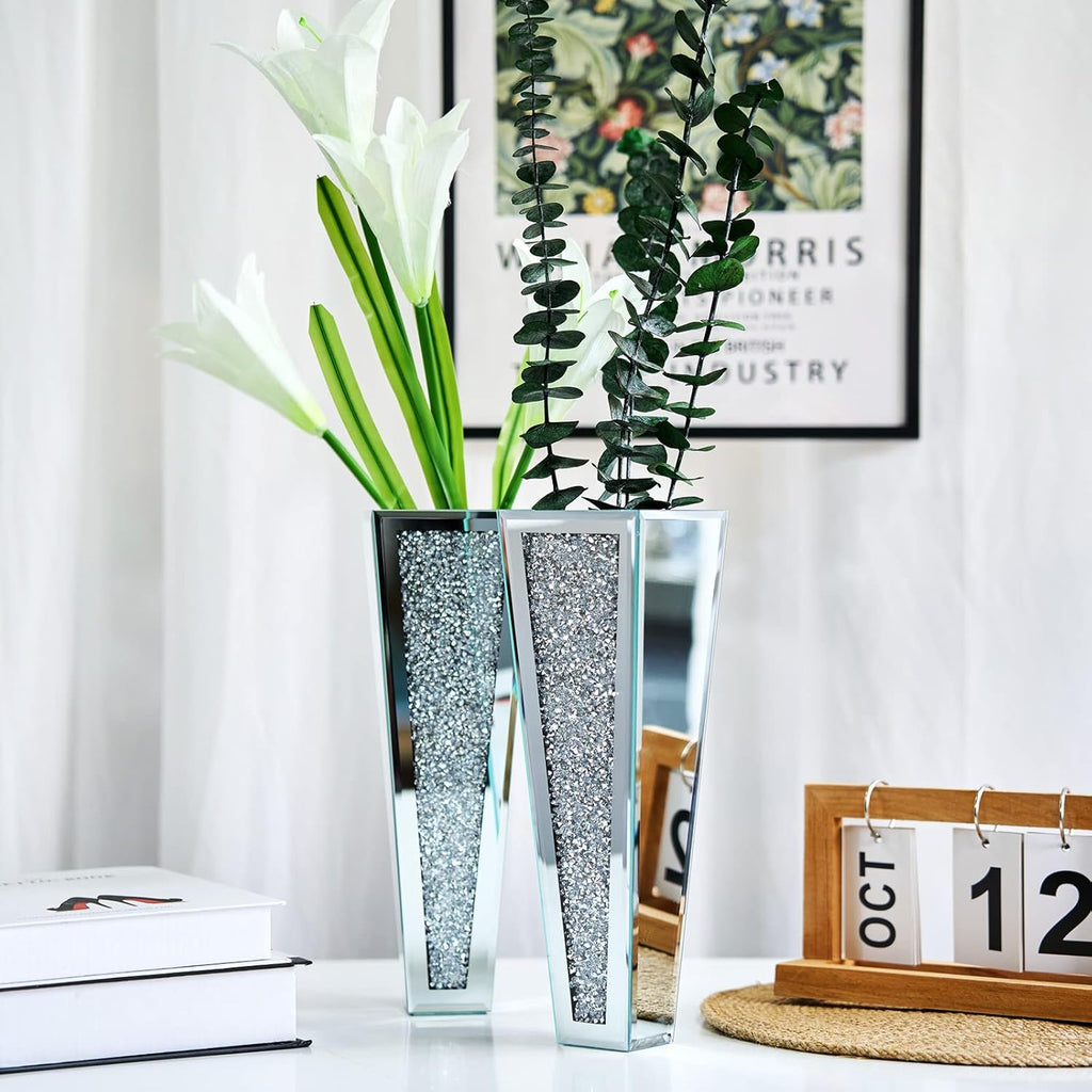 Crystal Wall Vase Hanging Flower-vase - Silver Crushed Diamond Mirrored Container Flower Vase Home Decor for Living Room, Dining Room, Bedroom, Set of 2 （11.2 Inch High） Wittolins