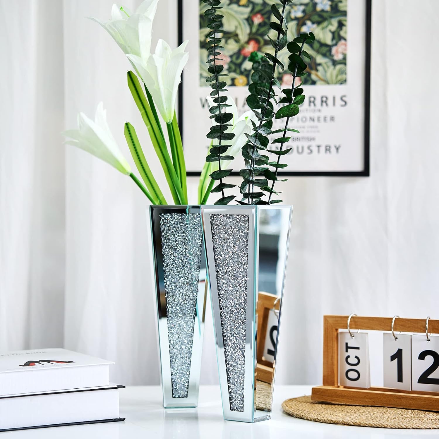 Crystal Wall Vase Hanging Flower-vase - Silver Crushed Diamond Mirrored Container Flower Vase Home Decor for Living Room, Dining Room, Bedroom, Set of 2 （11.2 Inch High） Wittolins