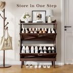 Shoe Storage Cabinet with 2 Flip Drawers & Adjustable Shelves, Freestanding Shoe Cabinet with Side Hooks Narrow Shoe Rack Cabinet for Entryway, Hallway, Rustic Brown