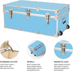 Large Essential Trunk With Wheels, Tray, & Lid Organizer - 32"x18"x14", 1000+ lbs Capacity. Strong, USA Made Summer Camp Footlocker, and Secure College Dorm Storage Chest