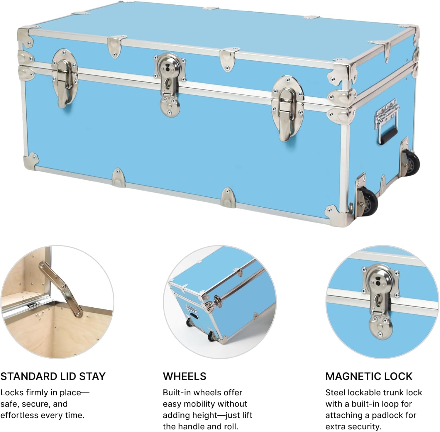 Large Essential Trunk With Wheels, Tray, & Lid Organizer - 32"x18"x14", 1000+ lbs Capacity. Strong, USA Made Summer Camp Footlocker, and Secure College Dorm Storage Chest