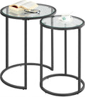 Yaheetech Round Nesting End Table Set of 2,Stacking Side Tables,Coffee Tables Set w/Metal Frame & Glass Top & Protective Foot Pads for Small Space, Living Room, Office- Black