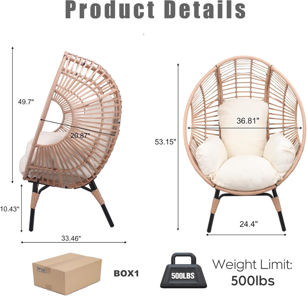 Egg Chair Wicker with 8-Inch Cushion, 400lbs Capacity, Rust-Resistant Frame, Indoor Outdoor Balcony Chairs(Natural)