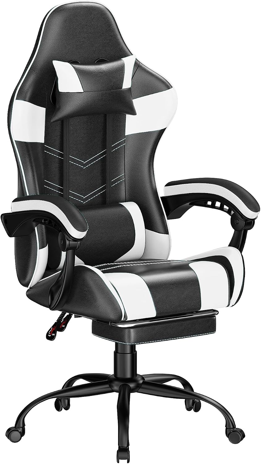 Gaming Chair with Footrest, Ergonomic Video Game Chair with Headrest and Lumbar Support, 400 lbs Adult Chair, Height Adjustable 360° Swivel High Back Reclining Computer Chair for Home Office (White)
