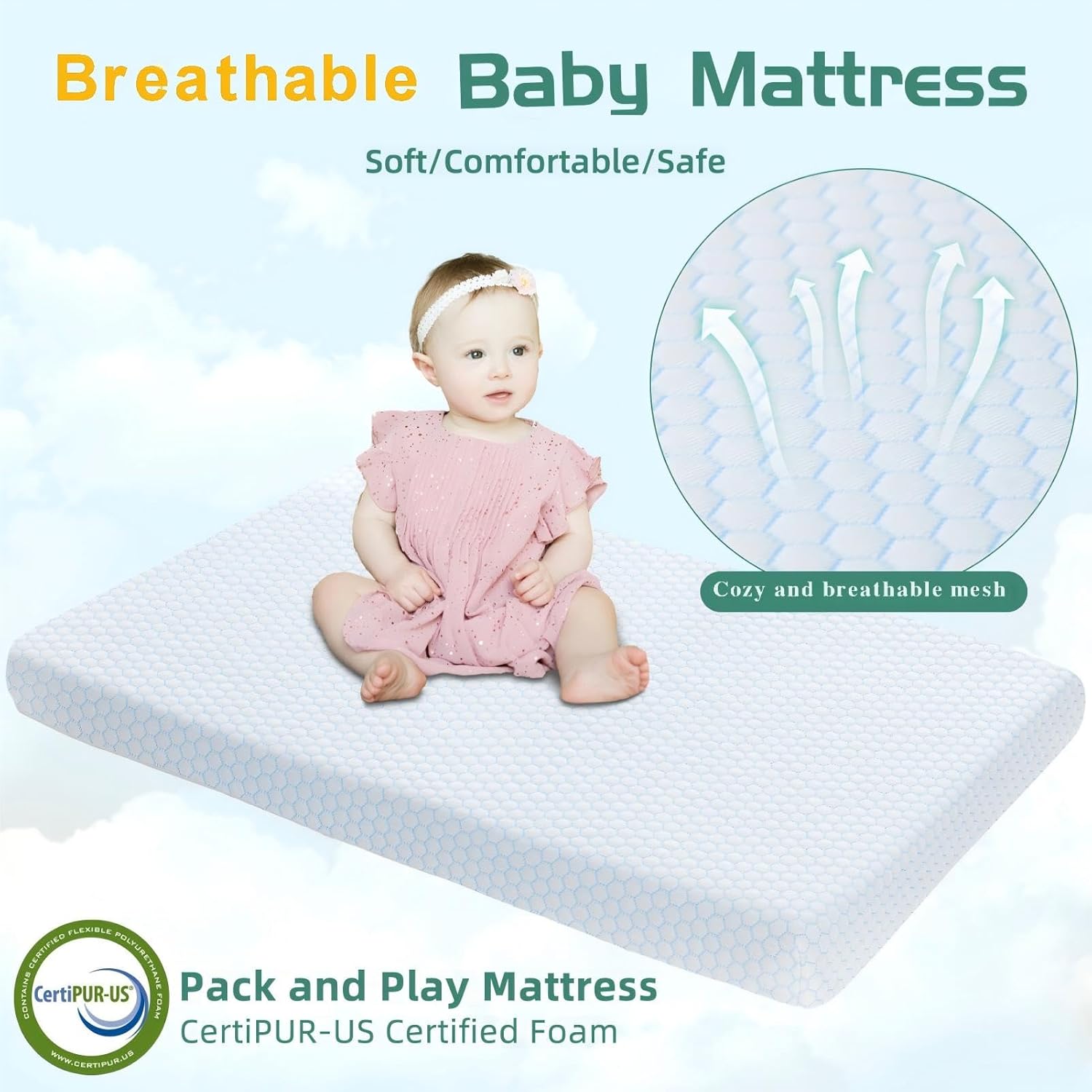 Pack and Play Mattress,Dual Sided Memory Foam Pack N Play Mattresses,Breathable with Non-Slip Bottom Removable Cover
