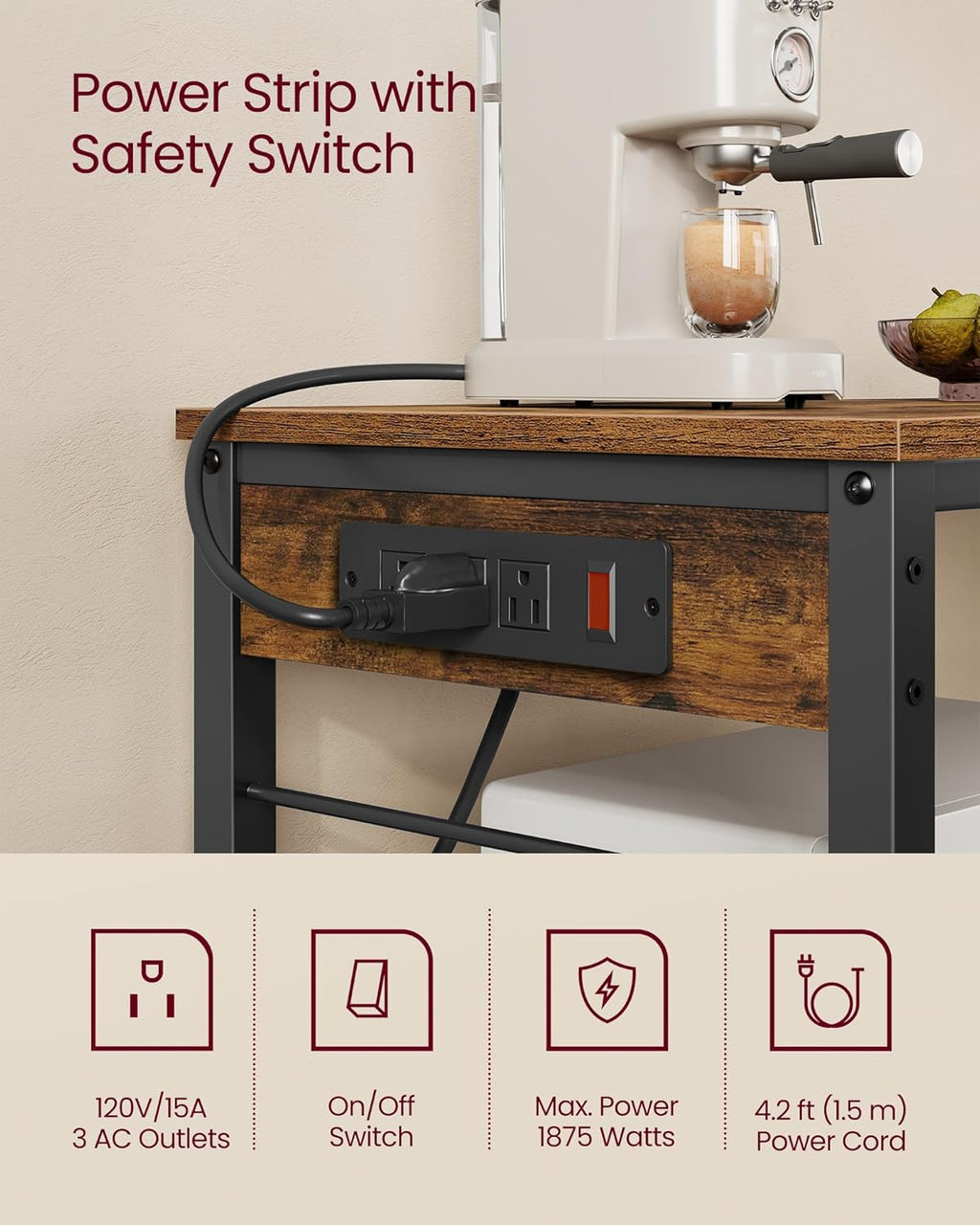 VASAGLE Kitchen Island with Power Strip, Microwave Oven Stand, Kitchen Shelf, Baker's Rack with 3 Open Shelves, 6 Hooks, Metal Frame, 15.7 x 31.5 x 35.4 Inches, Rustic Brown and Black UKKI102KD02S