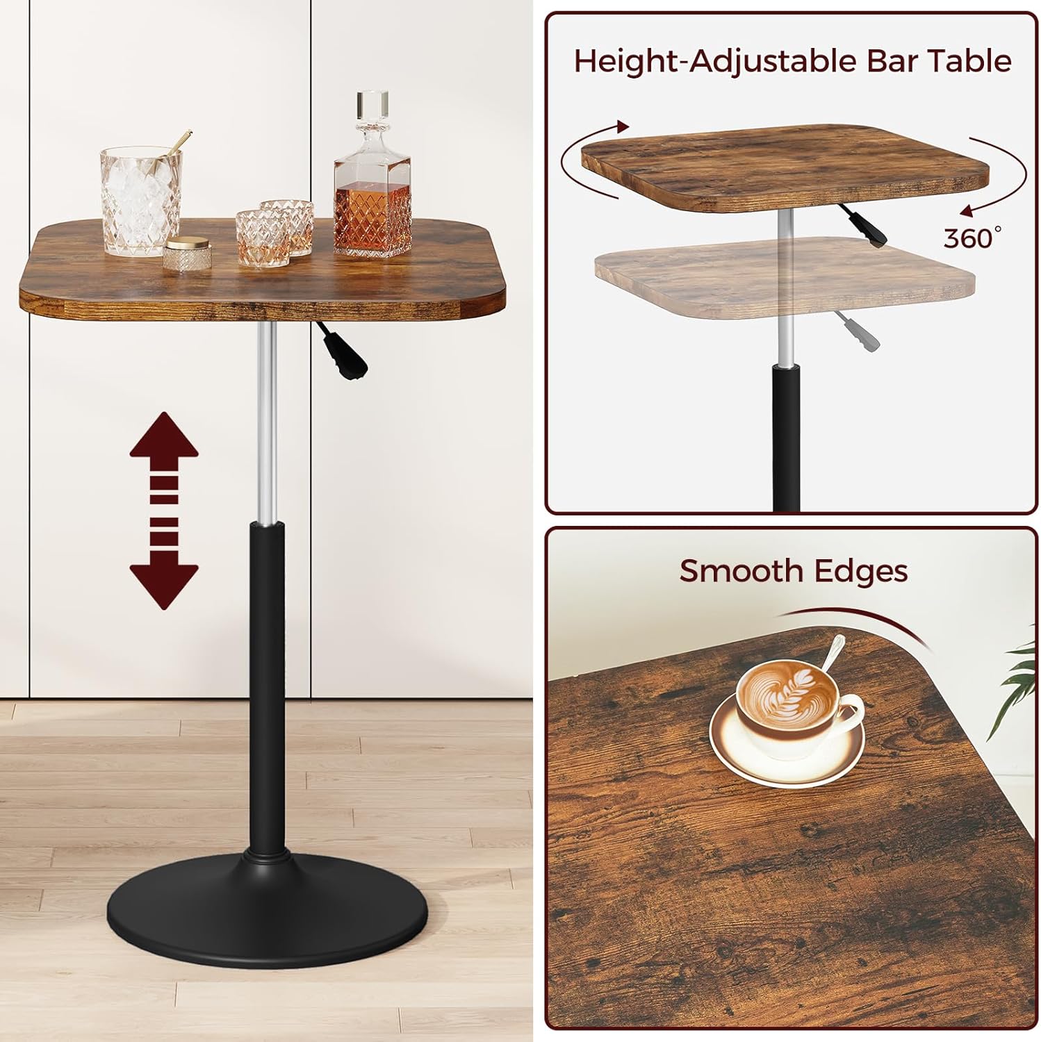 MAHANCRIS Bar Table, Height-Adjustable Pub Table 26.8-36.2 Inches, Cocktail Tables with Base, Counter Height Table for Small Space, Easy to Assemble, Rustic Brown and Black BTHR5501