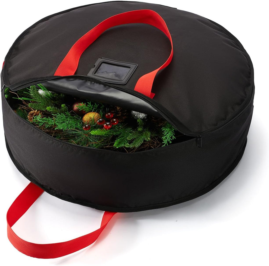 Wreath Storage Bag 24", Christmas Hanging Wreath Storage Container,Heavy-Duty Carrying Handles, Artificial Door Wreaths or Holiday Ornament Organziers,Black