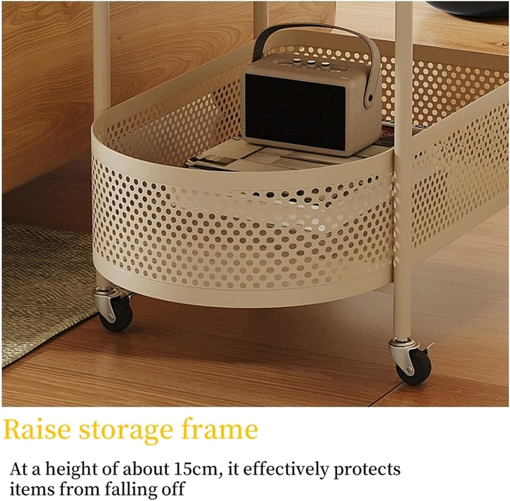 Sofa Side Table with Wheels Coffee Storage Cart Movable End Table with Storage Basket Iron Frame Small Coffee Tables for Living Room Multi Scenario Use(White)