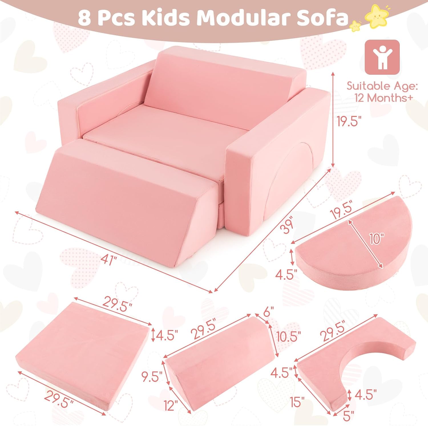 Costzon Convertible Toddler Couch, 8PCS Kids Modular Play Sofa w/Detachable Cover for Playroom, Creative Couch for Playing, Creating & Sleeping, Imaginative Furniture for Girls & Boys (Pink)