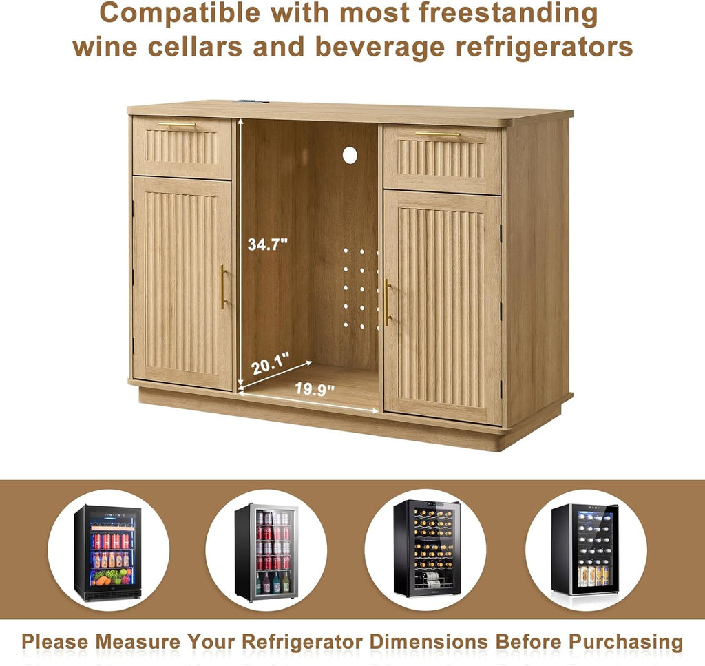 Okvnbjk Mini Fridge Cabinet with Storage & Power Outlet, Oak | Bar Cabinet with Fridge Space, Fluted Wine Bar with Wine Rack & Drawers, Coffee Station for Living Room & Dining Room
