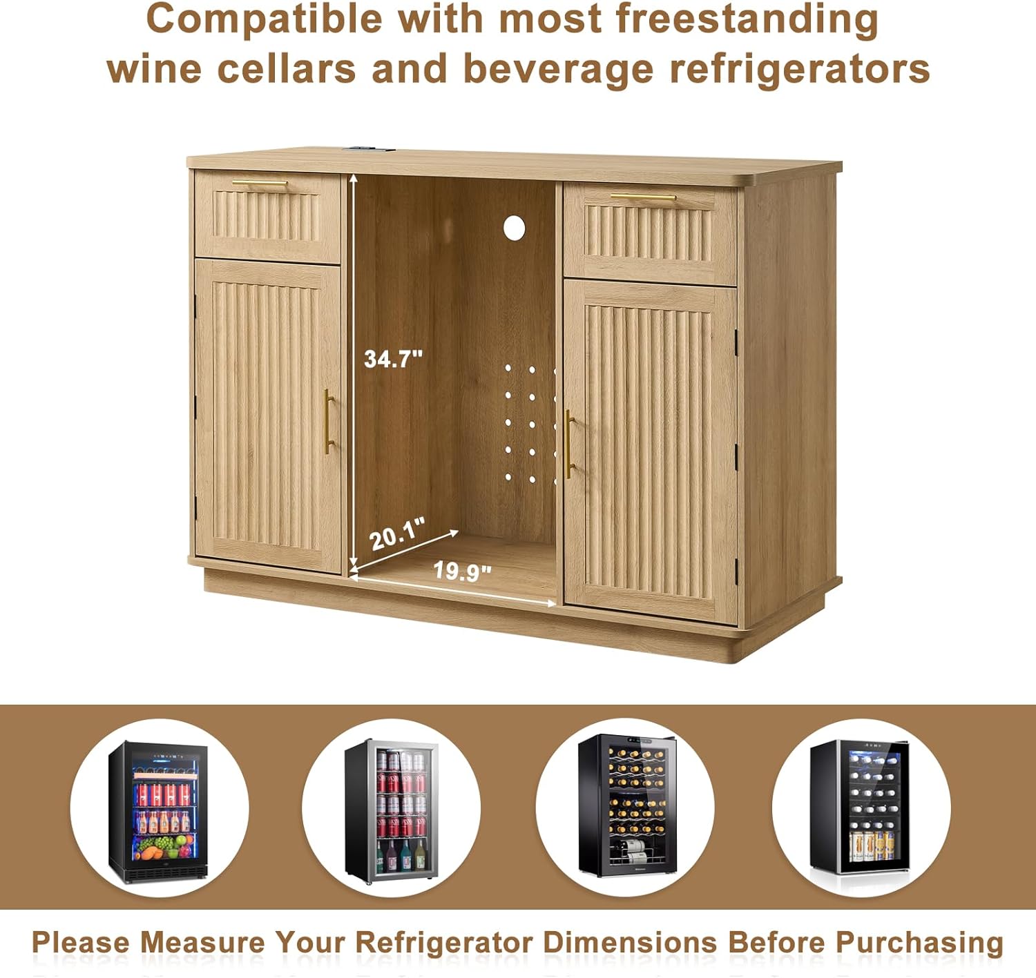 Okvnbjk Mini Fridge Cabinet with Storage & Power Outlet, Oak | Bar Cabinet with Fridge Space, Fluted Wine Bar with Wine Rack & Drawers, Coffee Station for Living Room & Dining Room