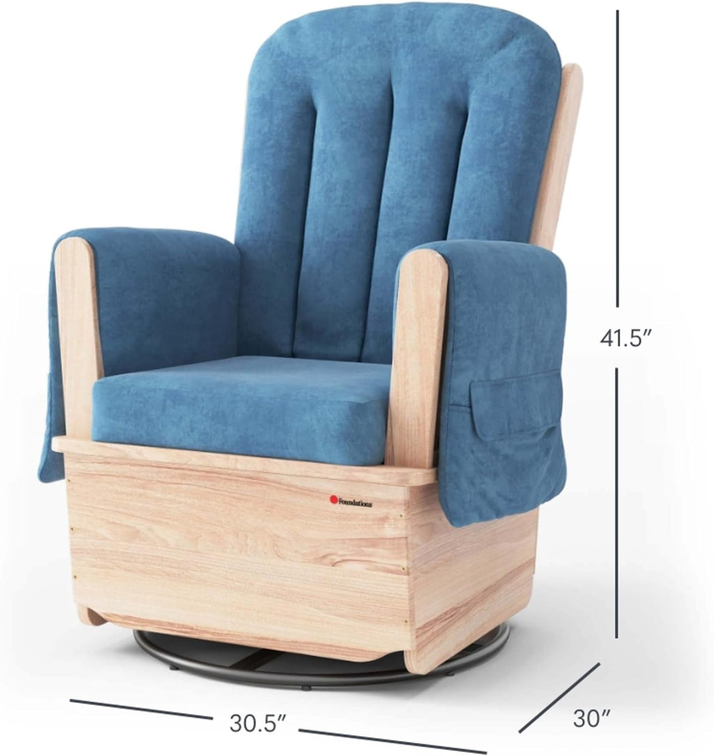 Foundations SafeRocker Glider Rocker with Steel Swivel - Baby Feeding and Rocking Chair for Nursery, Daycare Environment - Nursery Rocking Chairs with Wood Skirt Base - Blue Microfiber
