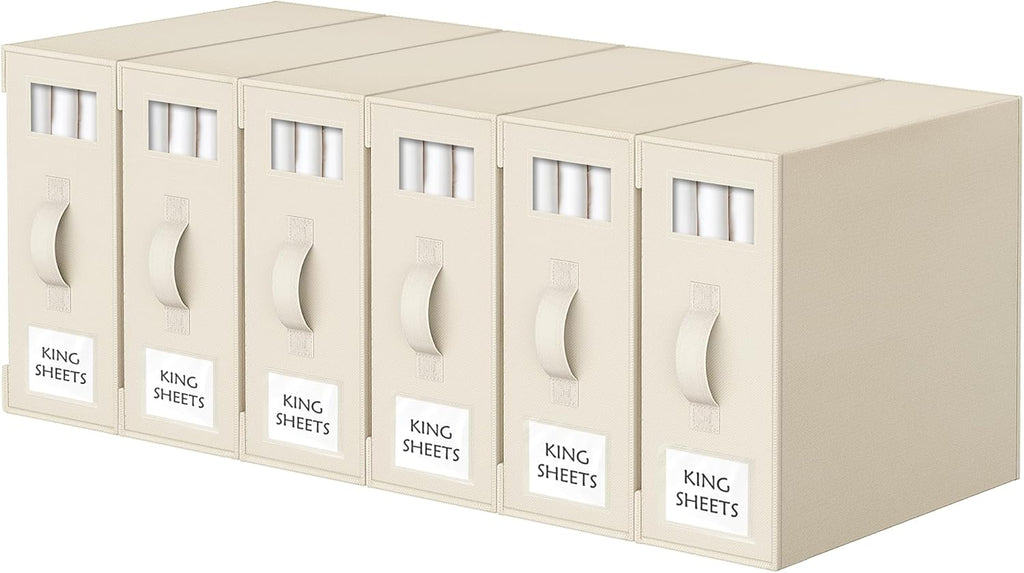 Criusia Bed Sheet Organizers and Storage, 6 Pack Foldable Linen Closet Organizer Box – Bedding Holder for Sheet Set (King/Queen Sizes), Duvet Covers, Blankets (Beige)