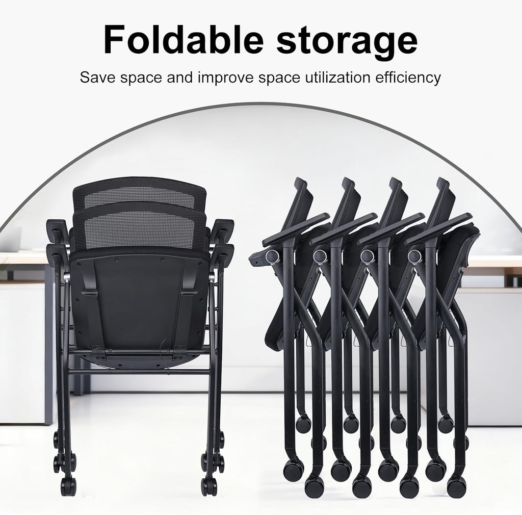 Upgraded Folding Chair with Wheels and Padded, Ergonomic Mesh Back and Arms for Office, Meetings, Conferences, Receptions, Training Rooms & Folding Office Chairs