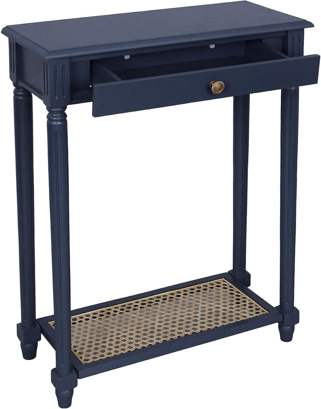 East at Main Lenora Console Table – 23.75” Narrow Entryway Table with Storage & Cane Shelf – Solid Wood Accent for Hallways, Foyers, and Small Spaces – French Country & Traditional Style (Navy)