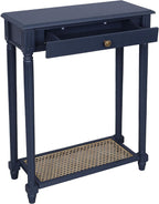 East at Main Lenora Console Table – 23.75” Narrow Entryway Table with Storage & Cane Shelf – Solid Wood Accent for Hallways, Foyers, and Small Spaces – French Country & Traditional Style (Navy)