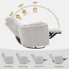 SUNWAVE 40" Oversized Power Nursery Rocking Recliner Barrel Chair, Swivel Nursing Chair with Electric Headrest & Anti-Pinch, Lay-Flat Corduroy Rocking Chair Nursery with USB/Type-C