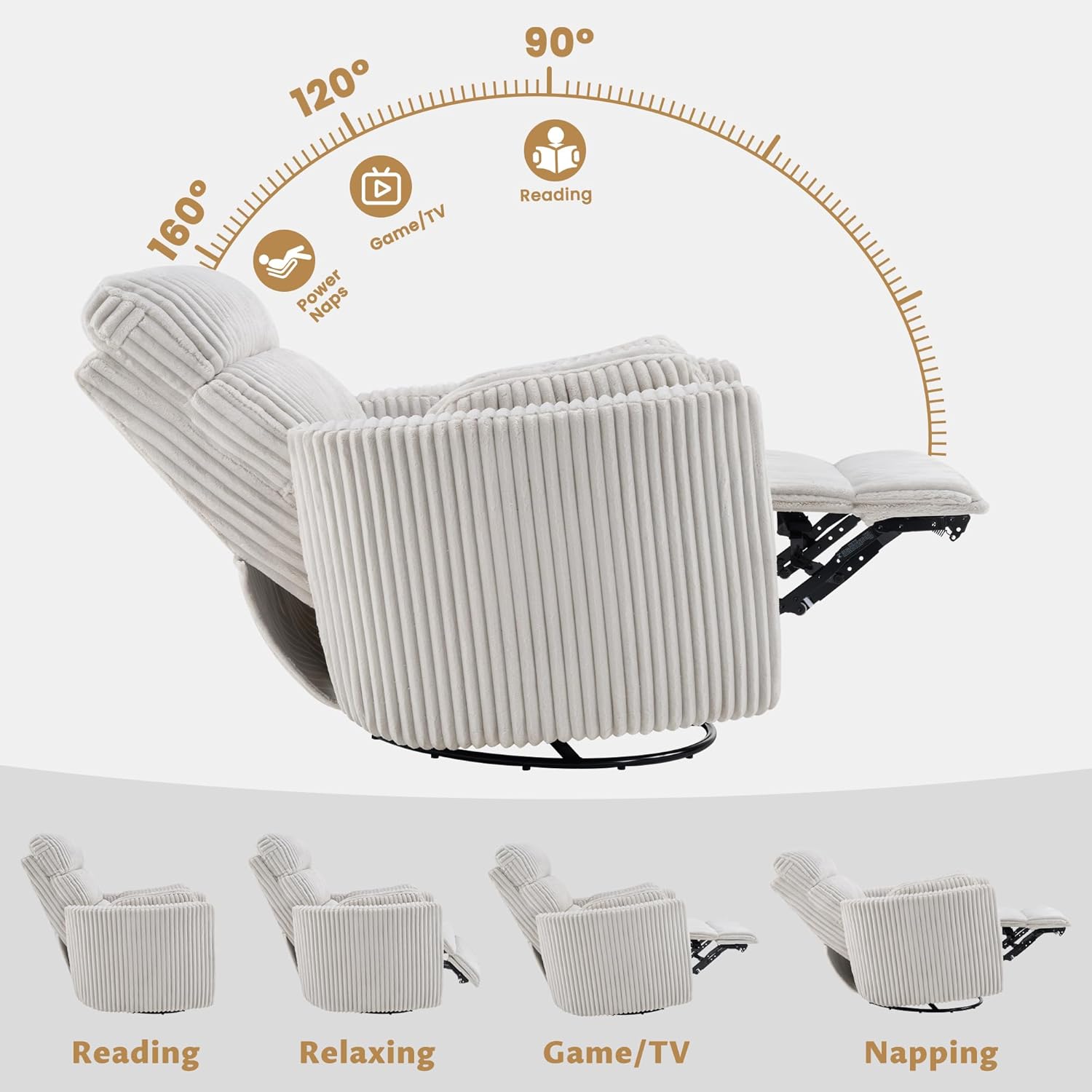 SUNWAVE 40" Oversized Power Nursery Rocking Recliner Barrel Chair, Swivel Nursing Chair with Electric Headrest & Anti-Pinch, Lay-Flat Corduroy Rocking Chair Nursery with USB/Type-C