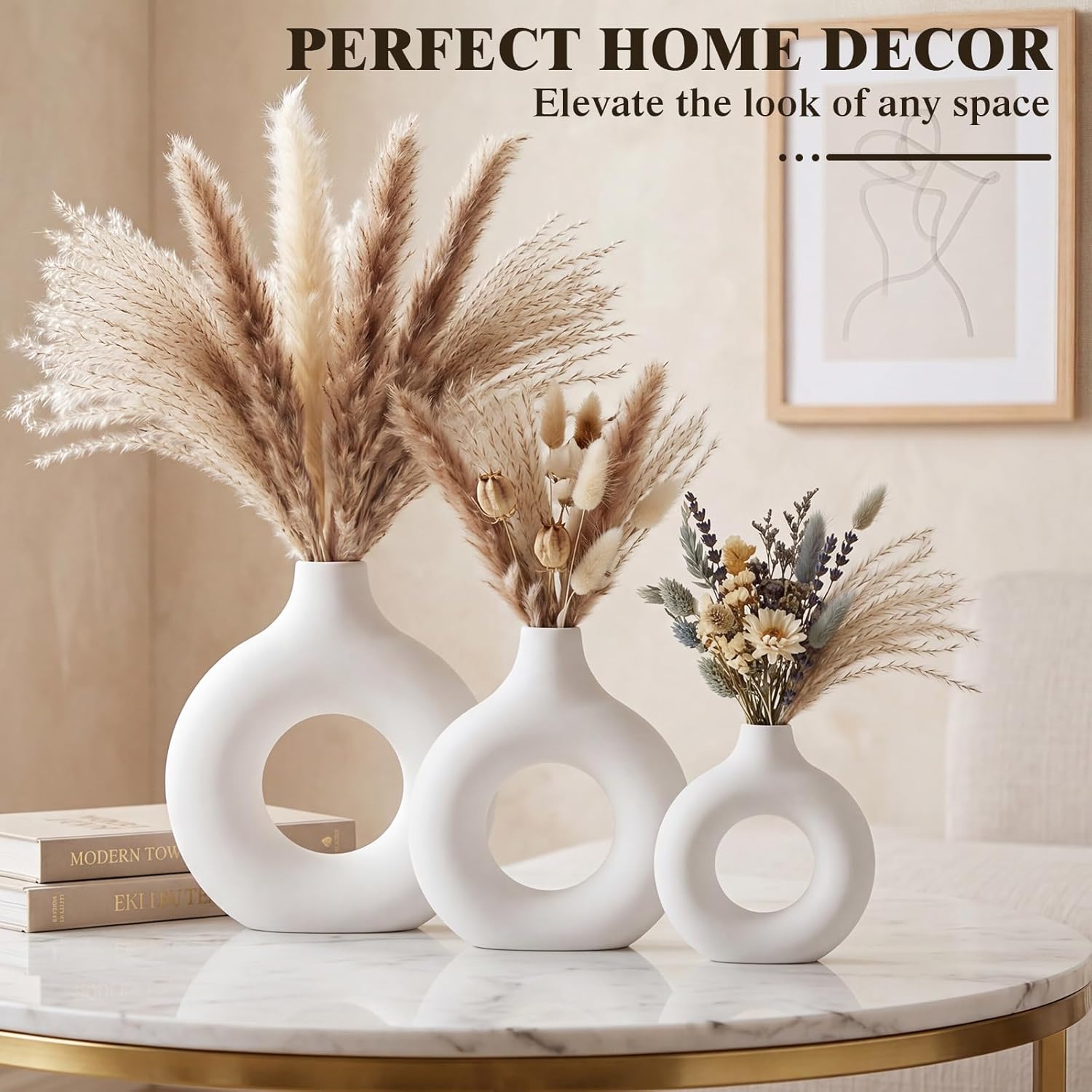 Suclain 6 Pcs White Boho Vase for Pampas Grass Plastic Modern Donut Flower Vase Minimalist Nordic for Wedding, Boho Party Decoration, Home Table Centerpiece, Floral Arrangements Living Room Decor
