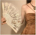 Lace Rose Folding Fan, Vintage Style Hand Fan with Gold Ribs, Lightweight Foldable Dance Fan for Decoration and Photos