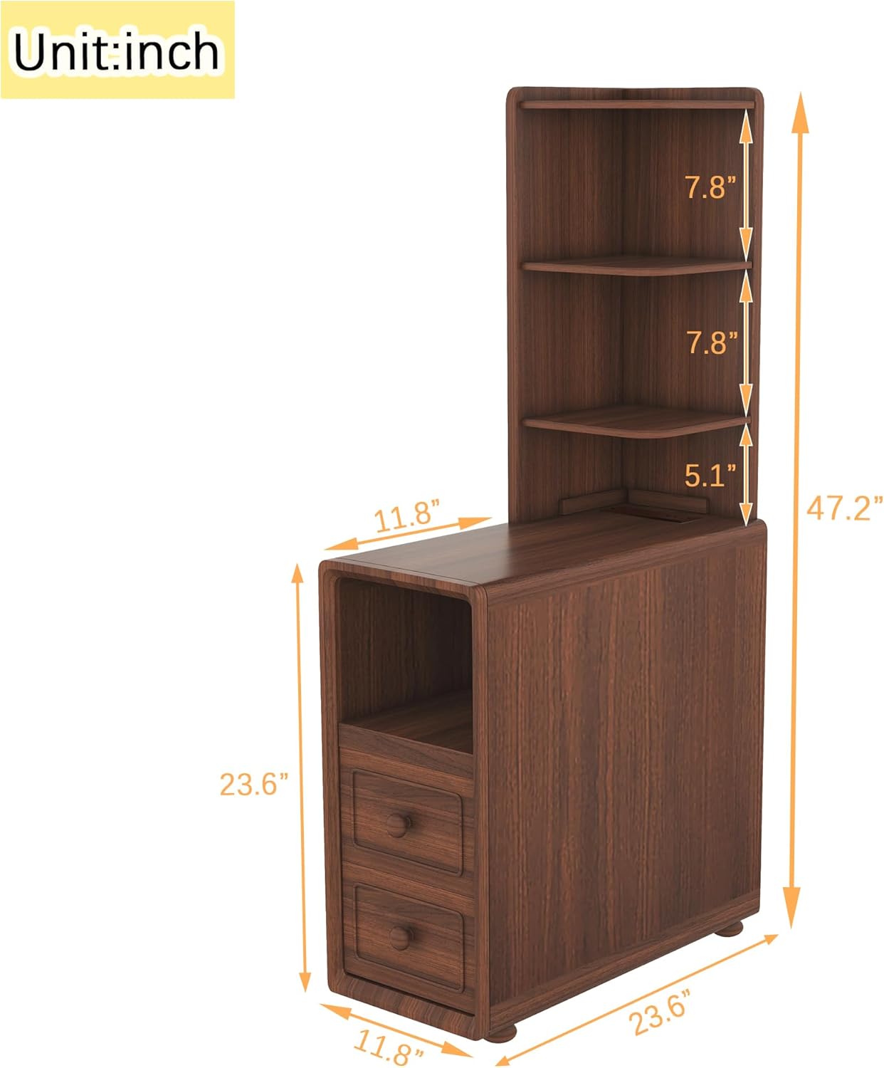 Walnut Corner Tables with Drawers & Open Shelves, Tall & Bedside Nightstands with Charging Station for Living Room & Bedroom