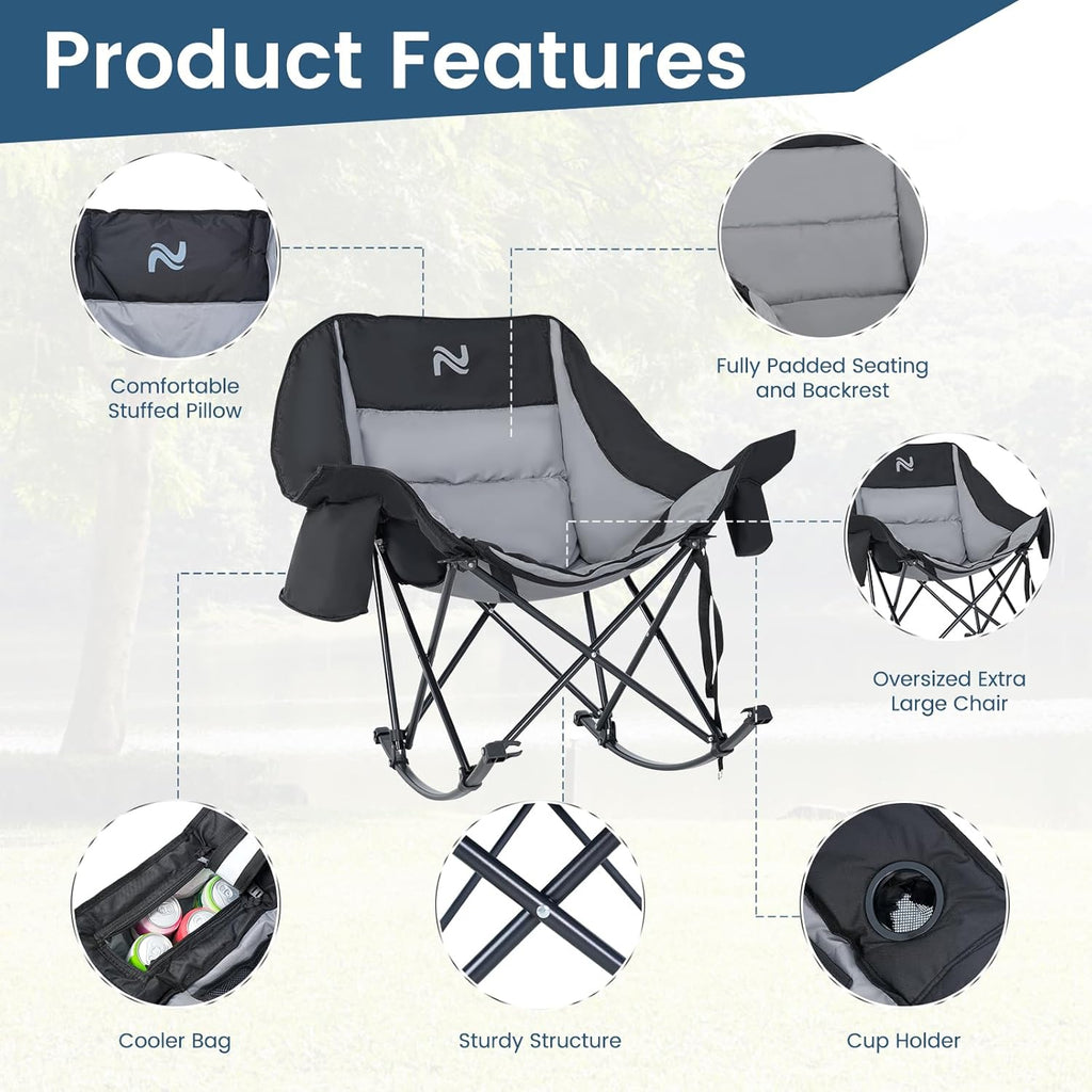 LILYPELLE Oversized Rocking Camping Chair for Adults, Fully Padded Folding Outdoor Lawn Chair with Cooler Bag and Side Pocket, Portable Recliner Rocker Chair for Camp, Patio, Backyard