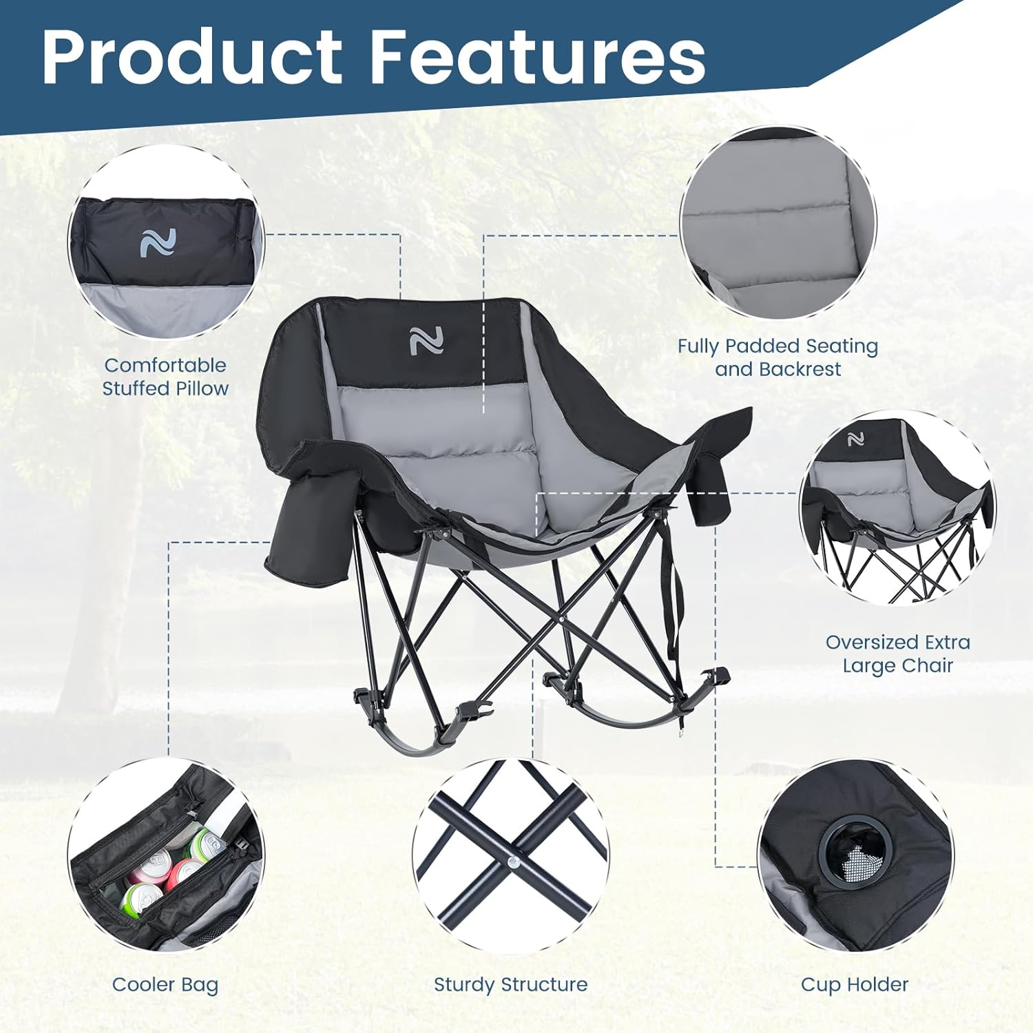 LILYPELLE Oversized Rocking Camping Chair for Adults, Fully Padded Folding Outdoor Lawn Chair with Cooler Bag and Side Pocket, Portable Recliner Rocker Chair for Camp, Patio, Backyard