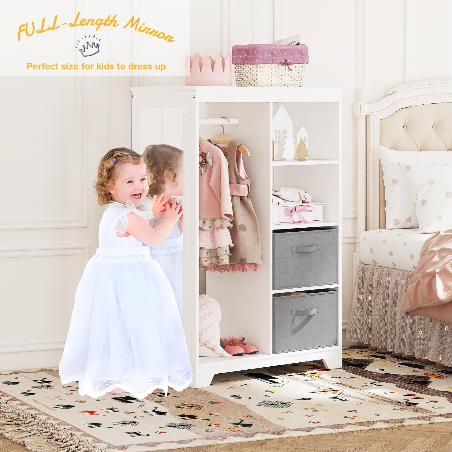 UTEX Kids Dress Up Storage with 2 Storage Bins and Full Length Mirror | Kids Armoire, Opening Hanging Kids Closet Wardrobe, Water-based Paint